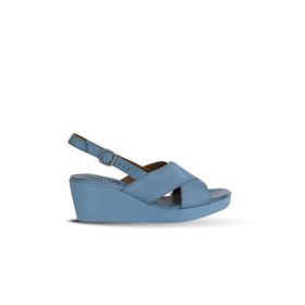 Bueno Shoes 01WY2411 Mavi Deri Kadın Dolgu Topuklu Sandalet
