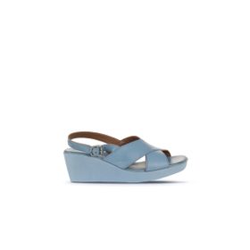 Bueno Shoes 01WY2411 Mavi Deri Kadın Dolgu Topuklu Sandalet