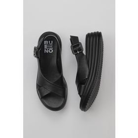 Bueno Shoes 01WY5701 Siyah Deri Kadın Dolgu Topuklu Sandalet