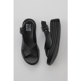 Bueno Shoes 01WY5701 Siyah Deri Kadın Dolgu Topuklu Sandalet