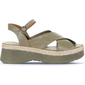 Bueno Shoes 01WY8205 Haki Deri Kadın Dolgu Topuklu Sandalet