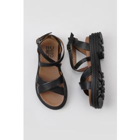 Bueno Shoes 01WY8305 Siyah Kahverengi Deri Kadın Dolgu Topuklu Sandalet