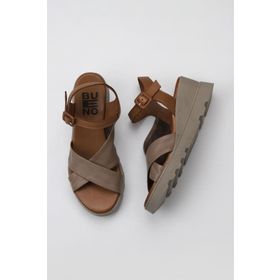 Bueno Shoes 01WY8601 Gri Kahve Deri Kadın Dolgu Topuklu Sandalet
