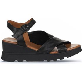 Bueno Shoes 01WY8601 Siyah Deri Kadın Dolgu Topuklu Sandalet