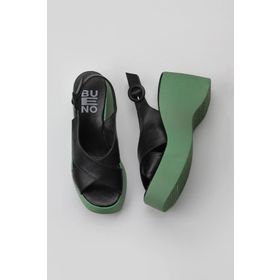 Bueno Shoes 01WY9007 Siyah Koyu Yeşil Deri Kadın Dolgu Topuklu Sandalet