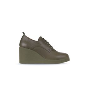 Bueno Shoes 01WZ8300 Haki Deri Kadın Dolgu Topuklu Ayakkabı