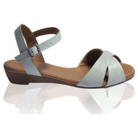 Bueno Shoes 9N3808 Mavi Çapraz Desenli Deri Kadın Düz Sandalet