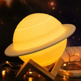 Buffer Kumandasız 3D Print Satürn Dokunmatik Gezegen Ahşap Stantlı 3 Renk USB Şarjlı Gece Lambası