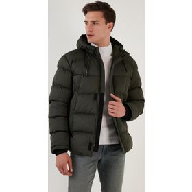 Buratti 5711050 Fermuarlı Cepli Slim Fit Kapüşonlu Haki Erkek Şişme Mont