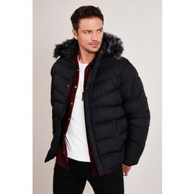 Buratti 5761080 B Siyah Slim Fit Suni Kürklü Peluş Astarlı Çıkarılabilir Kapüşonlu Şişme Erkek Mont