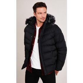 Buratti 5761080 B Siyah Slim Fit Suni Kürklü Peluş Astarlı Çıkarılabilir Kapüşonlu Şişme Erkek Mont