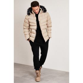 Buratti 5761080 B Taş Slim Fit Suni Kürklü Peluş Astarlı Çıkarılabilir Kapüşonlu Şişme Erkek Mont
