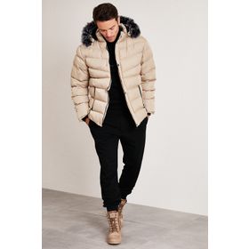 Buratti 5761080 B Taş Slim Fit Suni Kürklü Peluş Astarlı Çıkarılabilir Kapüşonlu Şişme Erkek Mont
