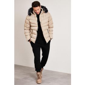 Buratti 5761080 B Taş Slim Fit Suni Kürklü Peluş Astarlı Çıkarılabilir Kapüşonlu Şişme Erkek Mont