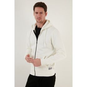 Buratti 5905340 Slim Fit Kapüşonlu Fermuarlı İçi Tüylü Yumuşak Şardonlu Kışlık Ekru Erkek Sweatshirt