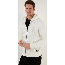 Buratti 5905340 Slim Fit Kapüşonlu Fermuarlı İçi Tüylü Yumuşak Şardonlu Kışlık Ekru Erkek Sweatshirt