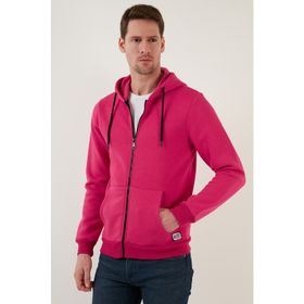 Buratti 5905340 Slim Fit Kapüşonlu Fermuarlı İçi Tüylü Yumuşak Şardonlu Kışlık Fuşya Erkek Sweatshirt