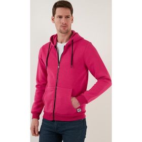 Buratti 5905340 Slim Fit Kapüşonlu Fermuarlı İçi Tüylü Yumuşak Şardonlu Kışlık Fuşya Erkek Sweatshirt