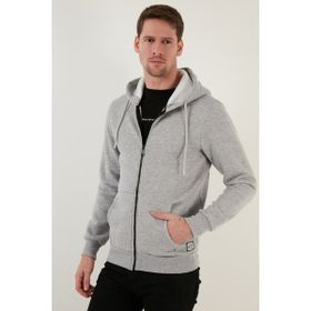 Buratti 5905340 Slim Fit Kapüşonlu Fermuarlı İçi Tüylü Yumuşak Şardonlu Kışlık Gri Melanj Erkek Sweatshirt