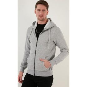 Buratti 5905340 Slim Fit Kapüşonlu Fermuarlı İçi Tüylü Yumuşak Şardonlu Kışlık Gri Melanj Erkek Sweatshirt