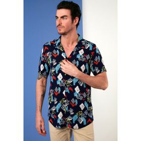 Buratti CF21S114293 Lacivert Turuncu Desenli Kısa Kollu Erkek Gömlek