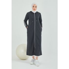 Burcu Tesettür BTS0008 Antrasit Önden Fermuarlı Kapüşonlu Spor Ferace