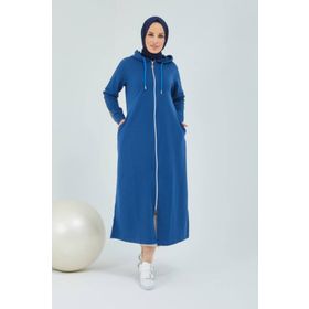 Burcu Tesettür BTS0008 İndigo Önden Fermarlı Kapüşonlu Spor Ferace
