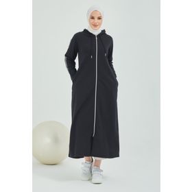Burcu Tesettür BTS0008 Siyah Önden Fermuarlı Kapüşonlu Spor Ferace