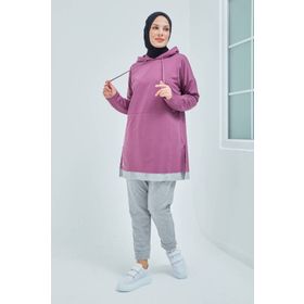 Burcu Tesettür TRN2030 Gül Kurusu Pamuklu Tunik Pantolon Eşofman Takım