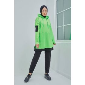 Burcu Tesettür TRN2030 Neon Yeşili Pamuklu Tunik Pantolon Eşofman Takım