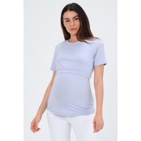 Busa Emzirme Detaylı Kısa Kollu Kadın Lila Renk Bisiklet Yaka Hamile T-Shirt