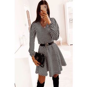 Butik 581531EAEM7362 Siyah Kazayağı Desen V Yaka Kemerli Kadın Elbise