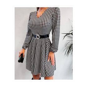 Butik 581531EAEM7362 Siyah Kazayağı Desen V Yaka Kemerli Kadın Elbise