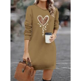 Butik Kadın Uzun Kollu Bisiklet Yaka Kalp Desenli Kısa Viskon Elbise