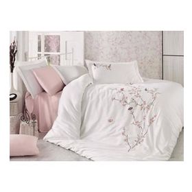 Butterfly 3D Krem Pudra Nakışlı Pamuk Saten Nevresim Takımı