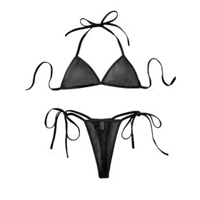 Büyük Beden Siyah Renk Likralı Transparan Tül Regular Fantezi String Bralet İç Çamaşırı Takımı
