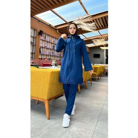 Bwest 71158 İndigo Fermuarlı Kapşonlu Dantel Desenli Tunik Pantolon İkili Spor Takım