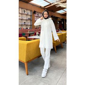 Bwest 71158 Krem Fermuarlı Kapşonlu Dantel Desenli Tunik Pantolon İkili Spor Takım