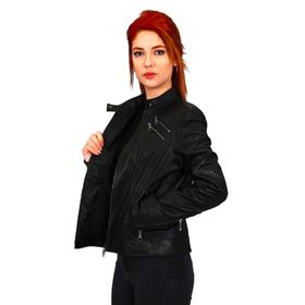 By Marki 100922 Hakiki Deri Hakim Yaka Fermuar Detaylı Siyah Kadın Mont