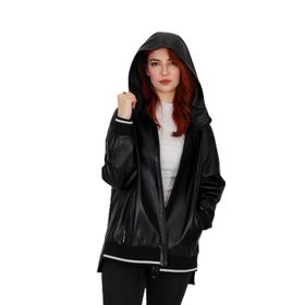 By Marki 104422 Siyah Kapüşonlu Hakiki Deri Kapüşonlu Deri Kadın Yağmurluk