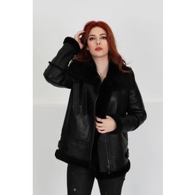 By Marki 105222 Hakiki Kürk Siyah Deri Kadın Ceket