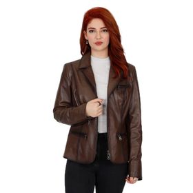 By Marki 111043 Hakiki Deri Kahverengi Kruvaze Yaka Kadın Ceket