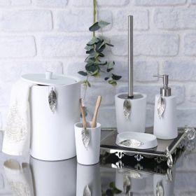 By Selim Beyaz Gümüş 5 Parça Polyester Banyo Seti Leaf Banyo Seti