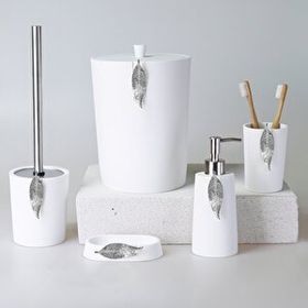 By Selim Beyaz Gümüş 5 Parça Polyester Banyo Seti Leaf Banyo Seti