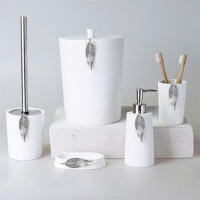 By Selim Beyaz Gümüş 5 Parça Polyester Banyo Seti Leaf Banyo Seti