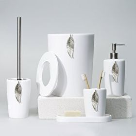 By Selim Beyaz Gümüş 5 Parça Polyester Banyo Seti Leaf Banyo Seti