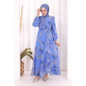 Bym Fashion 3842 Yaprak Desen Fırfır Detay Mavi Şifon Elbise