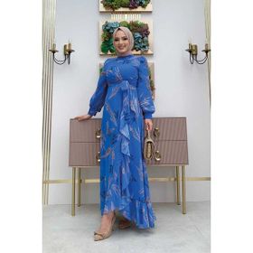 Bym Fashion 3842 Yaprak Desen Fırfır Detay Mavi Şifon Elbise