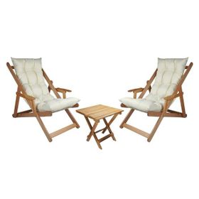 Bysay Ahşap Katlanabilir Taşınır Plaj Bahçe Teras Balkon İçin 3'lü Set Puf Minderli Krem Şezlong