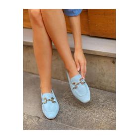 Cabani 1217 Hakiki Deri Mavi Süet Kadın Loafer Ayakkabı